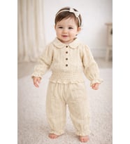 Müslin Kız Bebek Gipe Detaylı Bluz ve Fırfırlı Pantolon İkili Set Babyhola 2012 (Bej)