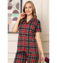 Dreamy Ekoseli Pamuklu Biyeli Kısa Kollu Gömlek Pijama Takımı (Siyah-Kırmızı)