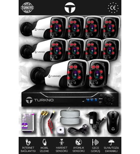 TURKNO 10 Kameralı Pania 10 Dış Kamera Set HDD'siz Full HD Gece Görüşlü Güvenlik Kamerası Sistemi