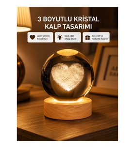 Mey İthalat® Romantik Kalpli Kristal Cam Küre USB’li Işıklı Dekoratif Obje