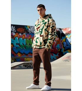 Erkek Kapüşonlu Düşük Uzun Kollu Örme Polar Dokuma Oversize Geniş Kesim Retro Desenli Sweatshirt
