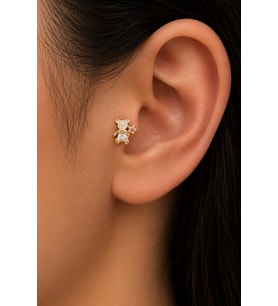 Sertifikalı 316L Çelik Krem Taşlı Yıldız Tutan Ayıcık Figürlü Premium Altın Kaplama Tragus ve Helix Piercing