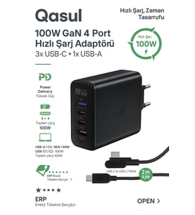 100W GaN+ 4 Port Hızlı Şarj Adaptörü (3x USB-C + 1x USB-A) Laptop Telefon Tablet Uyumlu
