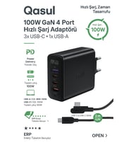 100W GaN+ 4 Port Hızlı Şarj Adaptörü (3x USB-C + 1x USB-A) Laptop Telefon Tablet Uyumlu