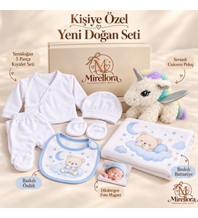 Unicornlu Yenidoğan Karşılama Kutusu – 5 Parça Kıyafet, Baskılı Battaniye, Önlük ve Foto Magnet