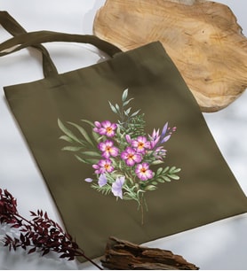 BK Gift Çiçek Tasarımlı Haki Kumaş Bez Çanta, Baskılı Omuz Çantası, Alışveriş Çantası, Arkadaşa Hediye-3