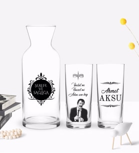 BK Gift Kişiye Özel Renkli Baskılı Vuslat Mı Hasret Mi Tasarımlı İkili Rakı Bardağı ve Karaf Hediye Seti-1 (Model 1)
