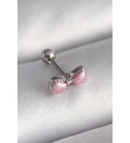316L Çelik Gümüş Renk Pembe Kurdele Zirkon Taş Detay Tragus Piercing