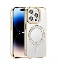 iPhone 14 Pro Max Kılıf Pırlanta Taş Tasarımlı M-safe Şarj Özellikli Karetta Silikon Kapak (Gold)