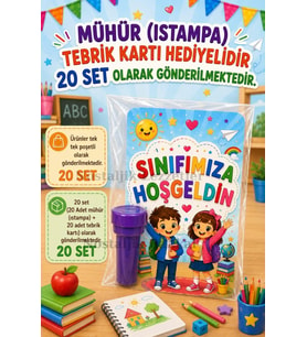 Sınıfımıza Hoşgeldin Yazılı 20 Adet Hediye Seti 1. Sınıf- Sene Başı Hatırası Mühür (Istampa) Tebrik Kartı Hediyeli