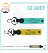Motor Severlere, İsim Plaka ve A Rh (+) Kan Grubu Yazılı Özel Tasarım x2 Anahtarlık, Sarı-Turkuaz-SK