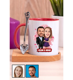 Sevgiliye Romantik Yıldönümü Hediyesi Karikatürlü Ahşap Altlıklı Kırmızı Kupa Bardak