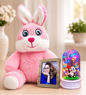 Kişiye Özel Fotoğraflı Renkli LED Işıklı Pandalı Fanus ve Pembe Peluş Tavşan Sevgiliye Kadına Hediye