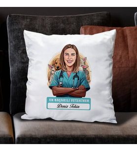 Kişiye Özel Hediye Karikatürlü En İyi Kadın Veteriner Yastık