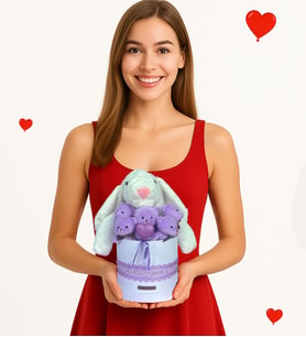 Sevgiliye Kıza Hediye Kutusunda 45 cm Beyaz Bunny Tavşan ve 5 Adet Lila