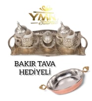 2 KİSİLİK GÜMÜS KAHVE FİNCAN TAKİMİ 18 CM BAKİR TAVA HEDİYELİ SET (Gümüş)