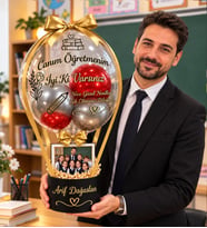 Işıklı & Fotograflı Kişiye Özel Fotoğraflı Öğretmenler Günü Balon Kutusu – İsim Yazılı, siyah ve gri Tasarım