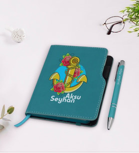 BK Gift Kişiye Özel Çapa Tasarımlı Turkuaz Termo Deri Defter Kalem Seti-4