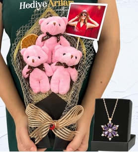 Fotoğraflı Büyük Boy 3'lü Tasarım Peluş Ayıcık Buketi ve Gerçek Ametist Taşlı Lotus Kolye (Model 1)