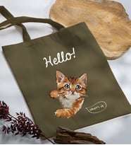 BK Gift Kedi Tasarımlı Haki Kumaş Bez Çanta, Baskılı Omuz Çantası, Alışveriş Çantası, Arkadaşa Hediye-4