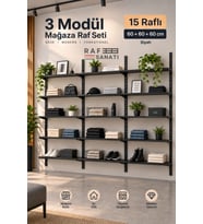3 Modül 15 Raflı Konik Dikme Mağaza Raf Sistemi 60x30 cm Siyah Suntalam Duvar Rafı