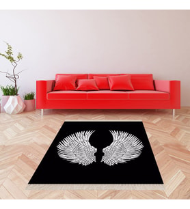 Melek Kanadı Desenli Dijital Baskı Yıkanabilir Kaymaz Taban Modern Salon Halısı ve Yolluk (Beyaz)