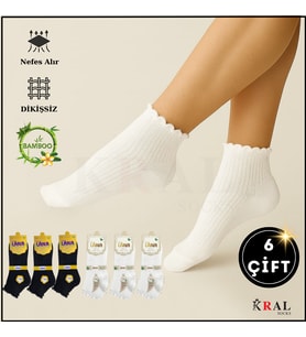 Kadın Bambu Çorap (6 ÇİFT) Fırfırlı Patik Kadın Çorap (Siyah - Beyaz)