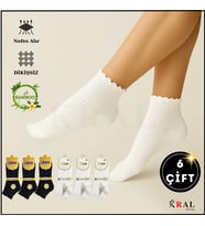 Kadın Bambu Çorap (6 ÇİFT) Fırfırlı Patik Kadın Çorap (Siyah - Beyaz)