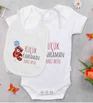 BK Kids Kişiye Özel Küçük Kahraman Tasarımlı Bebek Body Zıbın ve Mama Önlüğü Hediye Seti - Model 1