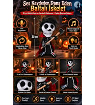 Halloween Cadılar Bayramı Ses Kaydeden Müzikli Işıklı Dans Eden Hareketli Baltalı İskelet 30 cm