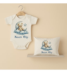 Pia Baby Premium %100 Pamuk İsme Özel Organik Baskılı Çıtçıtlı Bebek Body Ve Yastık Kılıfı 5068-19 (Ekru)