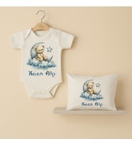 Pia Baby Premium %100 Pamuk İsme Özel Organik Baskılı Çıtçıtlı Bebek Body Ve Yastık Kılıfı 5068-19 (Ekru)