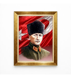 Tablore Kalpaklı Atatürk ve Türk Bayrağı Temalı Kanvas Tablo - Milli Mücadele Ruhu Atatürk Tablosu