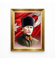 Tablore Kalpaklı Atatürk ve Türk Bayrağı Temalı Kanvas Tablo - Milli Mücadele Ruhu Atatürk Tablosu