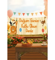 Kişiye Özel Hayvanlar İsimli Doğum Günü Pankartı, Doğum Günü Afişi, Çocuk, Bebek İyi ki Doğdun Banner 50x150cm (Sarı)