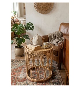 Gerçek Rattan Bambu Yan Sehpa 41 cm El Yapımı Bohem 55 cm