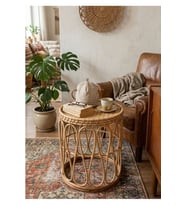 Gerçek Rattan Bambu Yan Sehpa 41 cm El Yapımı Bohem 55 cm