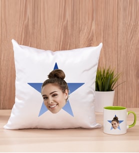 Kişiye Özel Mavi Yıldız Kafa Fotoğraflı Kare Yastık ve Yeşil Kupa