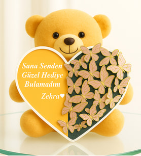 Kişiye Özel Kelebek Buketi 25 cm Peluş Ayıcık  Sana Senden Güzel Hediye Bulamadım Yazılı Kalp Kutu Altın (Gold) Kalp Ayna-Pleksi Kelebek Buketi Kelebekli Kalpli Peluş Hediye Seti Sevgiliye Hediye