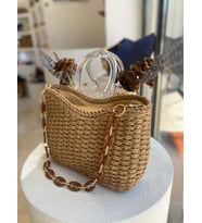Kadın Hasır Çanta, Kadın Rattan omuz Çantası, Hazeranlı El ve Omuz Çantası, Plaj çantası (Camel)