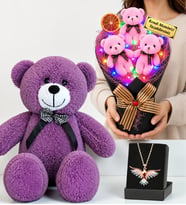 Kişiye Özel Renkli LED Işıklı Ayıcık Buketi, Renkli Anka Kuşu Kolye ve 50 cm Mor Peluş Ayıcık Seti