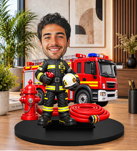 Kişiye Özel İtfaiyeci Biblosu – Fotoğraflı Karikatür İtfaiye Eri Figürü, İtfaiye Aracı Konseptli Mesleki Hediye