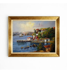 Tablore Altın Çerçeveli Nostaljik İstanbul Boğazı ve Camii Manzaralı Yağlı Boya Dokulu Tablo Hediyelik