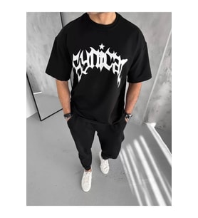 Unisex Bisiklet Yaka Baskılı Oversize T-Shirt - Siyah