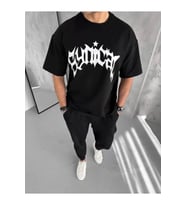 Unisex Bisiklet Yaka Baskılı Oversize T-Shirt - Siyah