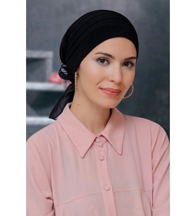 Siyah Pratik Hazır Geçmeli Tesettür Bone Sandy Kumaş Pileli Nervürlü Güllü 1806_01