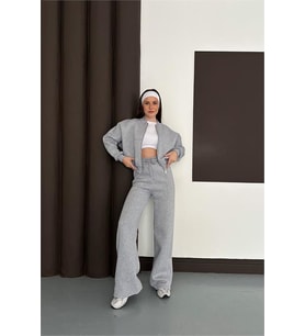 Neşeli butik kadın gri melanj fermuarlı 3 iplik eşofman takımı NBESF01