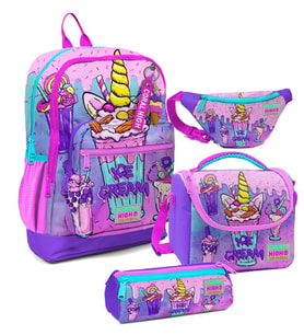 Coral High Kız Çocuk Pembe Mor Dondurma Desenli İlkokul Okul Çanta Seti ve Bel Çantası (Çok Renkli)