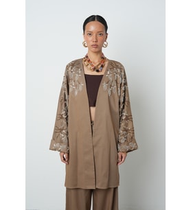 Kadın Yakası Ve Kolları Boncuk İşlemeli Oversize Uzun Kimono (Toprak)