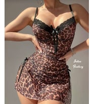 Intive Fantasy Leopar Desen Yanlardan Yırtmaçlı Kurdele Detaylı Drapeli Mini Gecelik